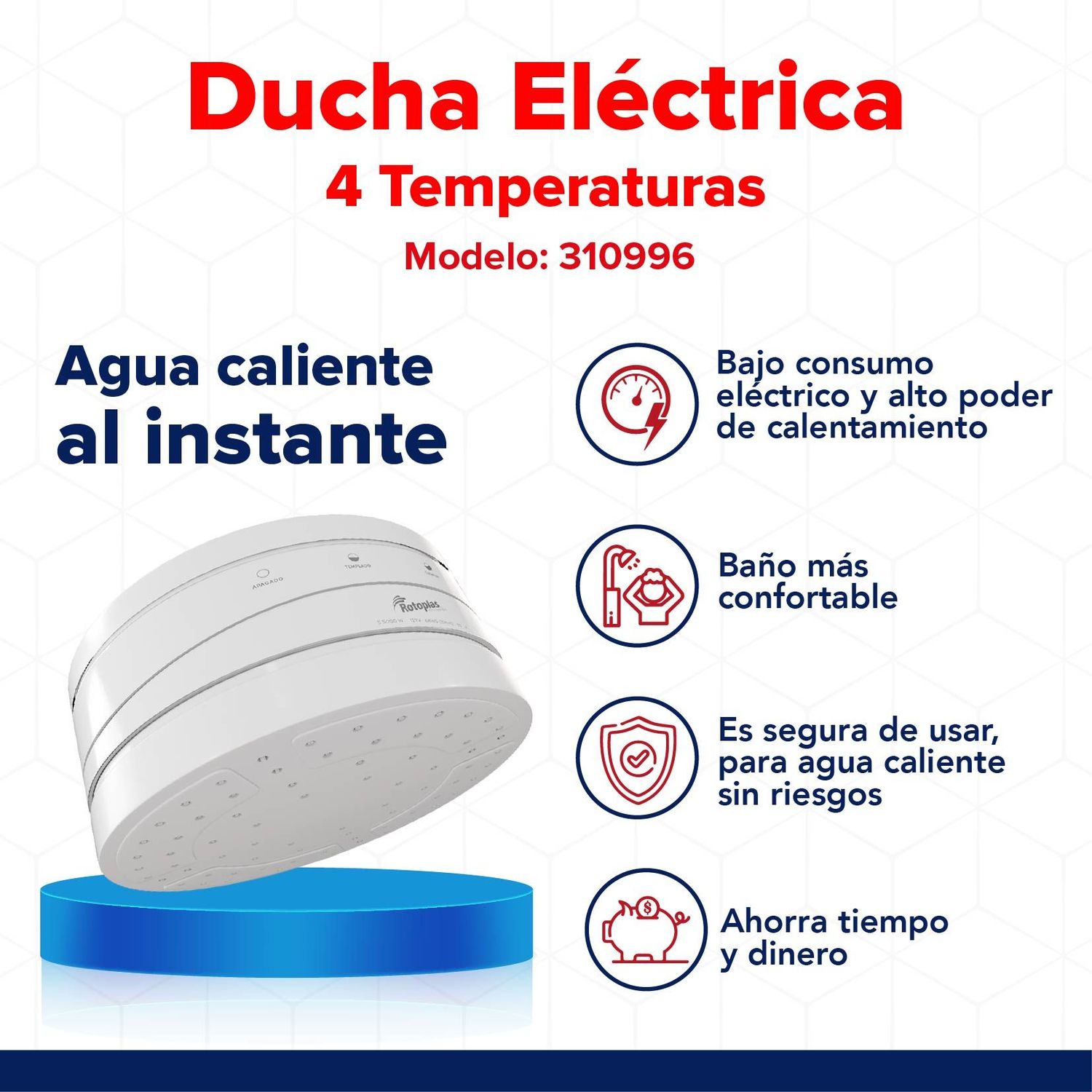 Regadera eléctrica ecoducha 4 temperaturas 110V
