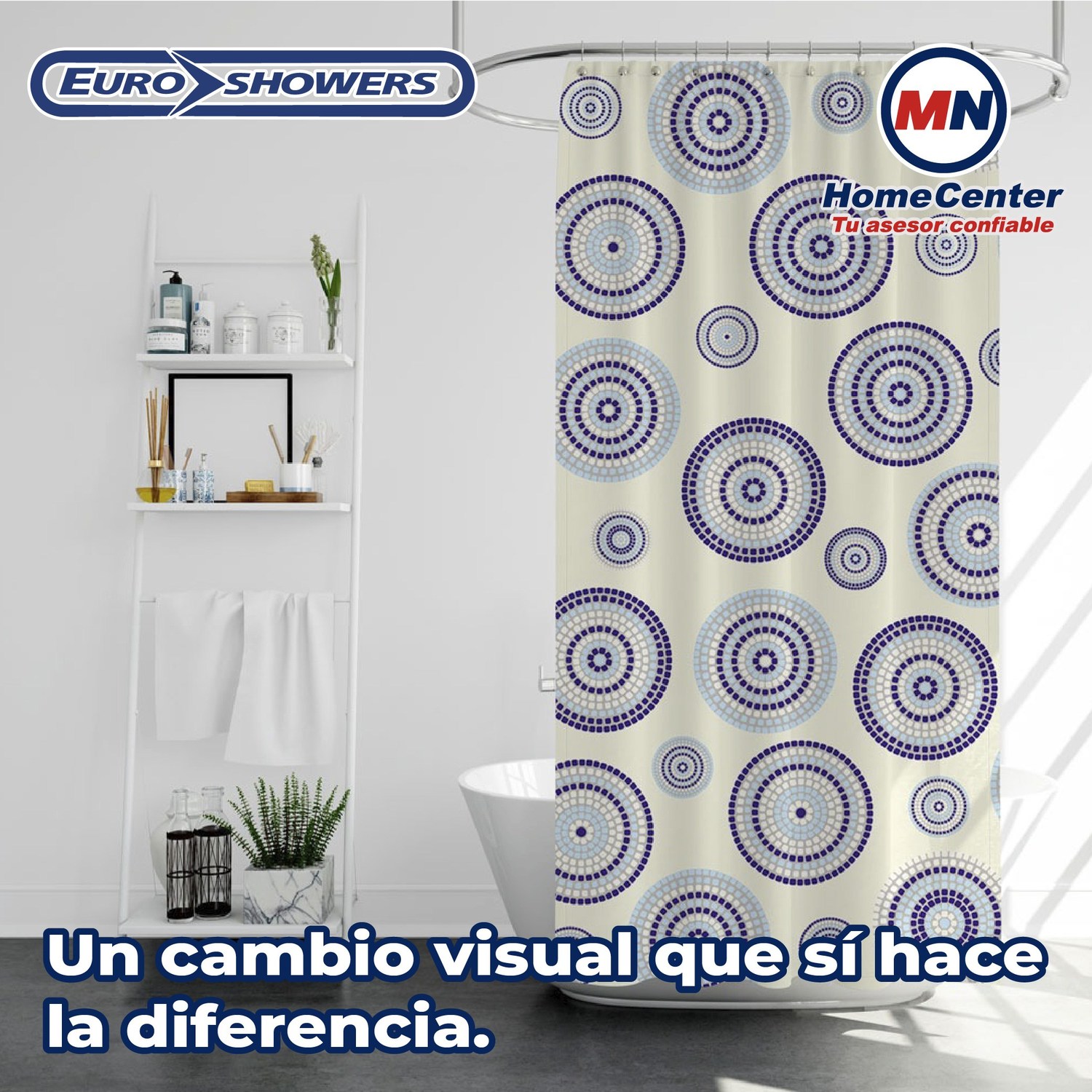 Cortina Para Baño 180x180 cm Poliéster Mosaico Azul Euroshowers