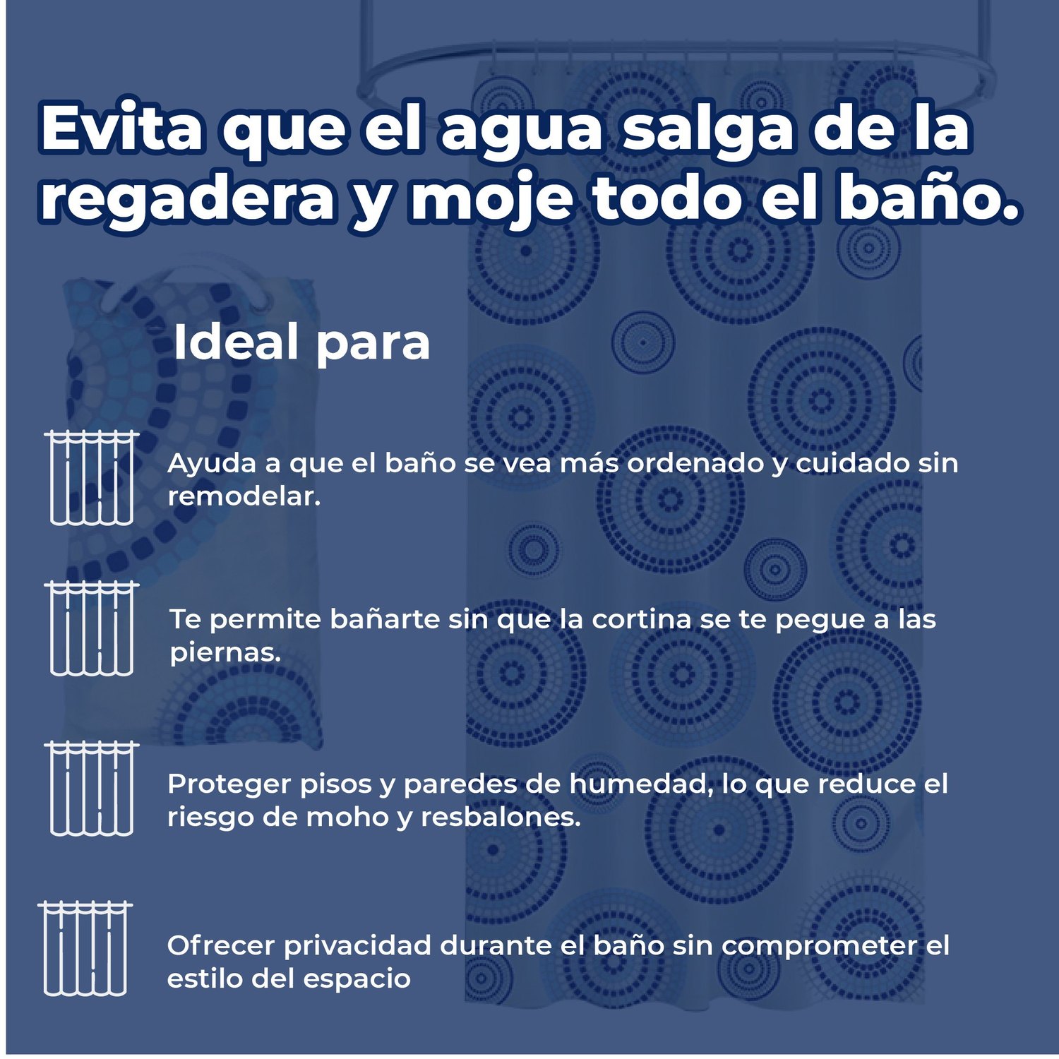 Cortina Para Baño 180x180 cm Poliéster Mosaico Azul Euroshowers