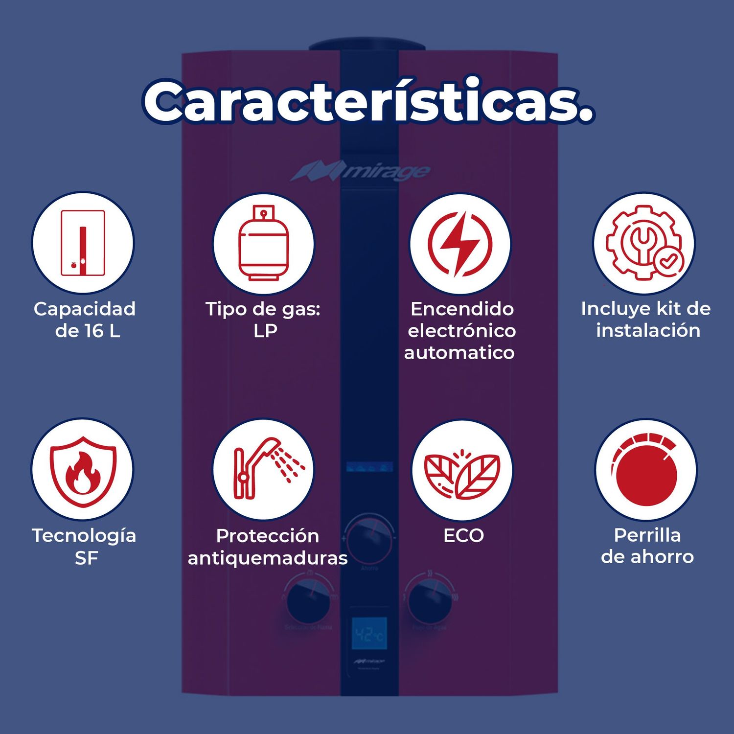 Calentador Paso 16 L Rojo Gas LP Incluye Kit de Instalación