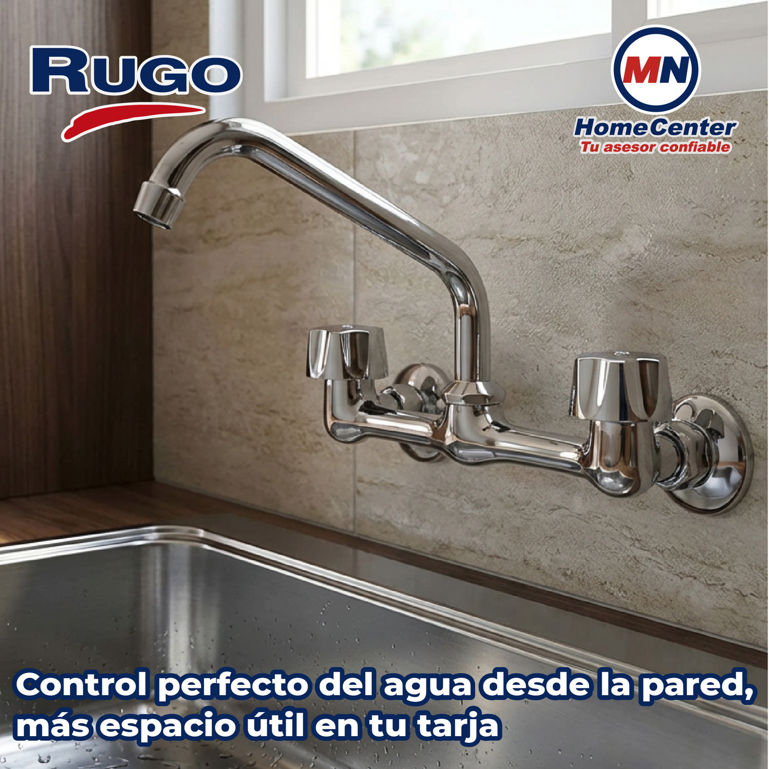 Llave Mezcladora 8" a la Pared Para Fregadero Sin Cubierta Rugo