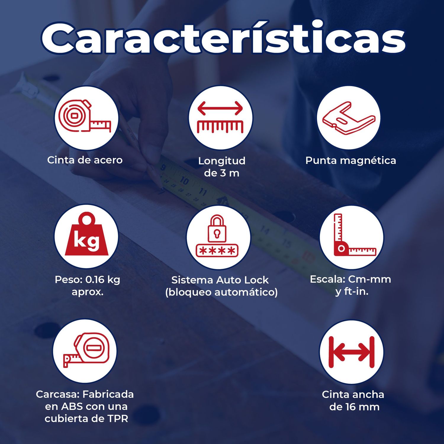 Cinta Medir Flexómetro AutoLock Contra Impactos 3 M 16 MM Truper