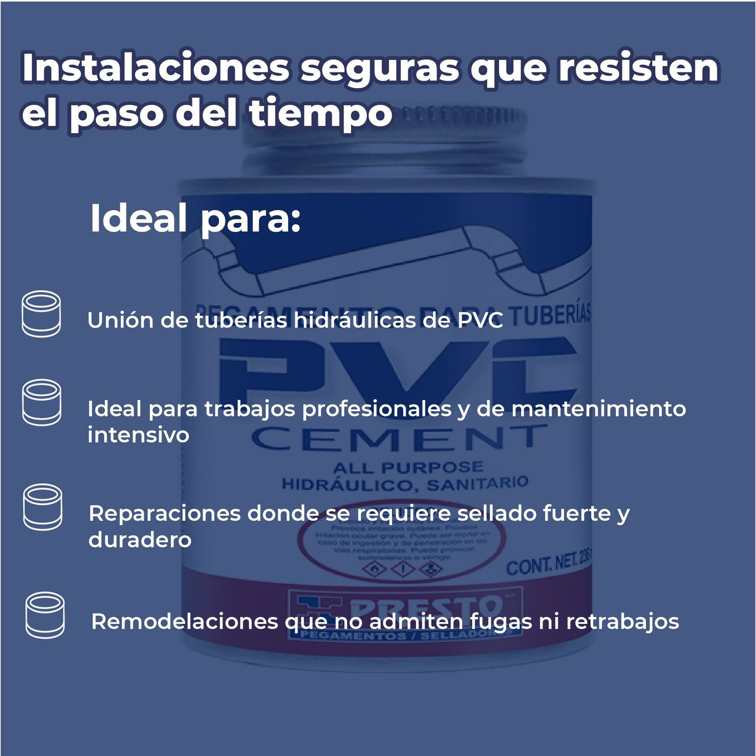 Pegamento Presto PVC 236 ml ¼ l Para tuberías