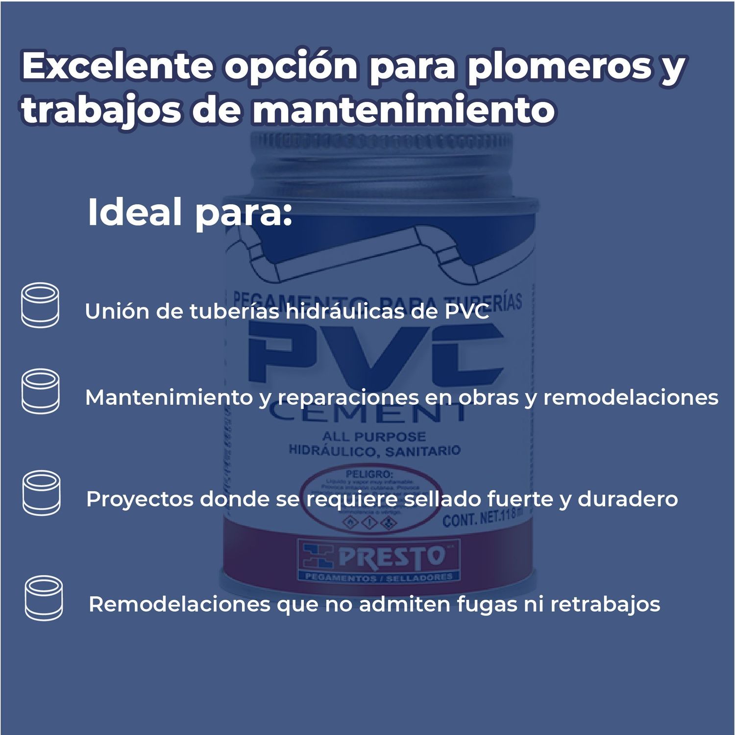 Pegamento PVC Presto Para Conexiones Hidraulicas118 ml 1/8 l