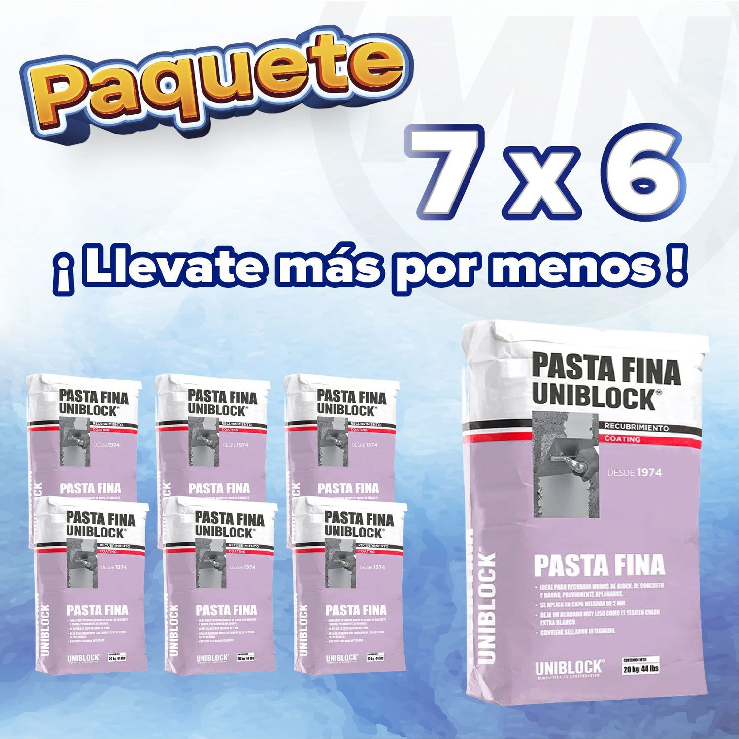 Paquete Recubrimiento Pasta fina Uniblock, saco de 20 kg. 